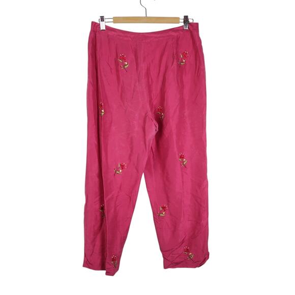 Vintage 90s INC Pink Silk Floral Embroidered Straight Leg Pants 12 - Picture 3 of 5